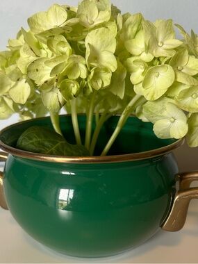 Vintage Green Enamel Cache Pot Bowl
Brass Handles Planter Decor